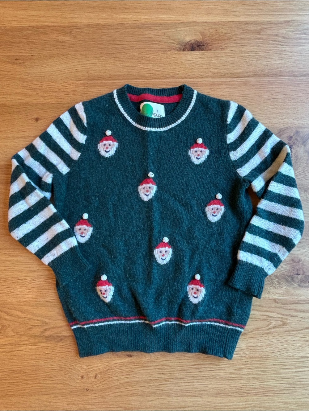 Mini Boden Green Santa Motif Crewneck Sweater with Striped Sleeves